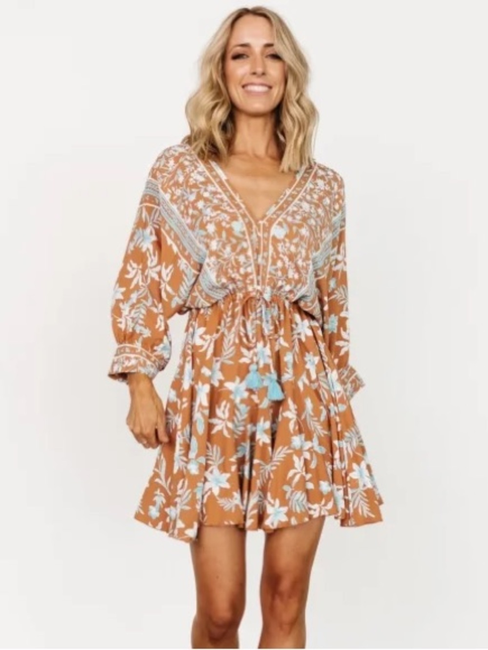 Baltic Born Adria Floral Mini Dress Rust Blue V Neck Boho